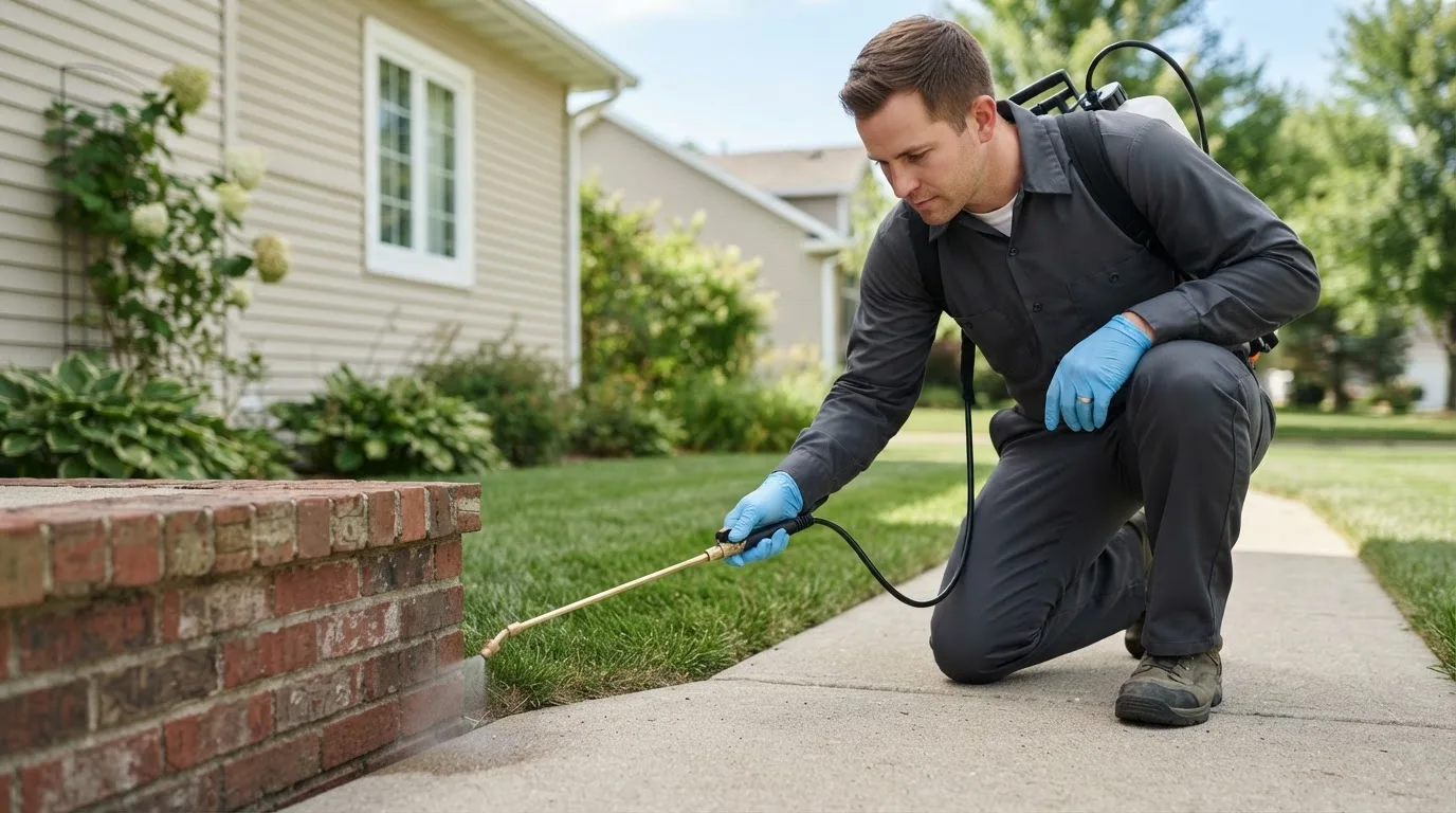 Pest control technician treating a home near Flaxville, MT